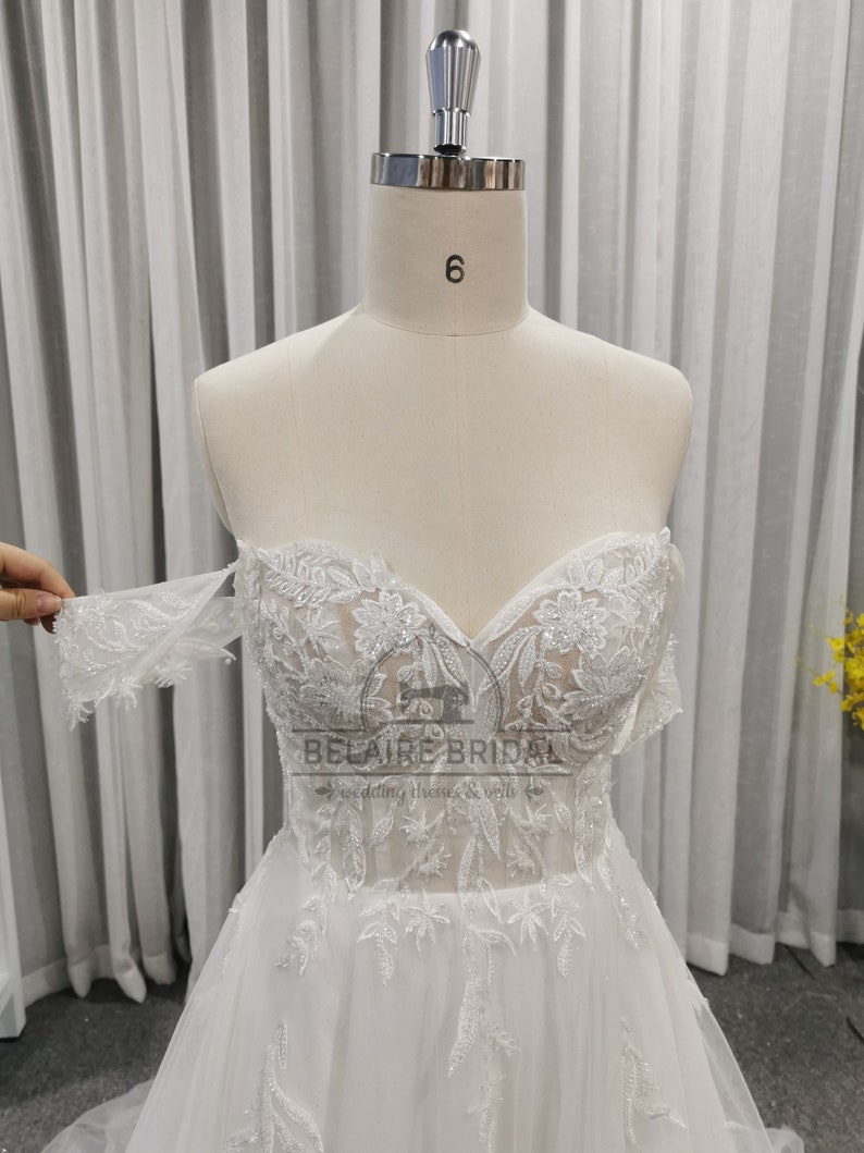 Lace applique off-shoulder tulle summer bridal gowns W426 zdjęcie 4