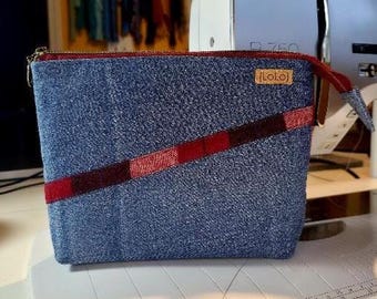 Upcycled denim wool zipper pouch