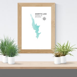 DIGITALE Shortts Lake kunst aan de muur | Nova Scotia | 8x10 5x7 7 kleuren | Atlantisch Canada | Leven aan het Atlantische meer | Topografische kaart