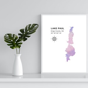 DIGITALE Lake Paul kunst aan de muur | Kings County Nova Scotia | 8x10 5x7 7 kleuren | Atlantisch Canada | Leven aan het Atlantische meer | Topografische kaart