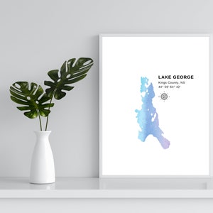 DIGITALE Lake George kunst aan de muur | Kings County Nova Scotia | 8x10 5x7 7 kleuren | Atlantisch Canada | Leven aan het Atlantische meer | Topografische kaart