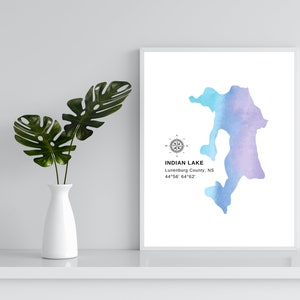 DIGITALE Indiase Lake kunst aan de muur | Lunenburg Nova Scotia | 8x10 5x7 7 kleuren | Atlantisch Canada | Leven aan het Atlantische meer | Topografische kaart