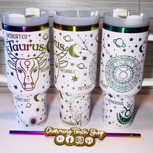 Laser Engraved Cup, 40oz Personalized Holographic Tumbler, Zodiac Sign Cup, Birthday Gift For Her,Custom Zodiac Tumbler,Cute Gift for Taurus