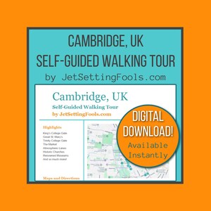 May include: A digital download advertisement for a self-guided walking tour of Cambridge, UK. The teal and white design features the text "Cambridge, UK" and "Self-Guided Walking Tour" with a map and highlights.