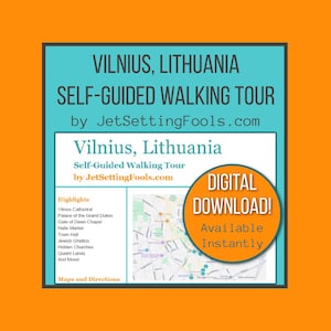May include: A digital download advertisement for a self-guided walking tour of Vilnius, Lithuania. The teal and white design includes a map, highlights, and the text "DIGITAL DOWNLOAD! Available Instantly."