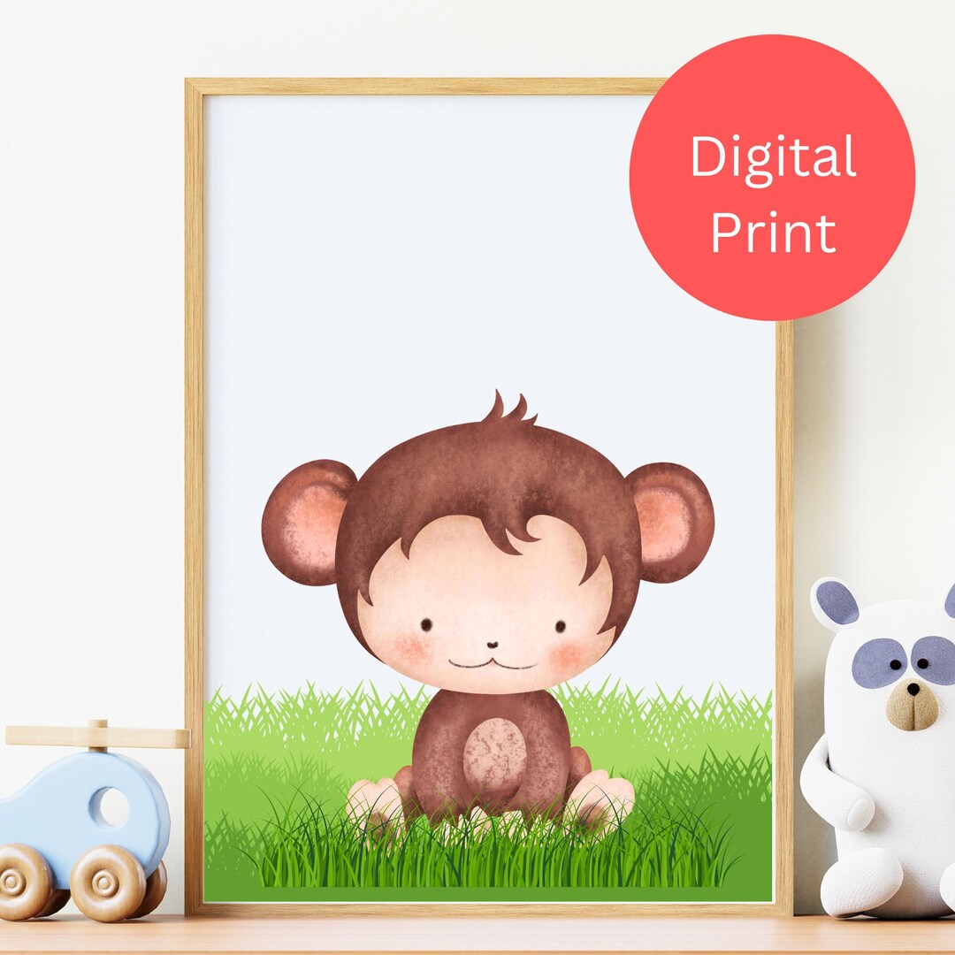 Printable Monkey Nursery Wall Art. Digital Nursery Print, Kids Wall Art