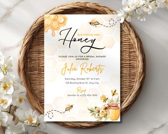Editable Honey Bee and Floral Bridal Shower Invitation, Bride to bee honey themed bridal shower invite, She found her Honey Canva Template