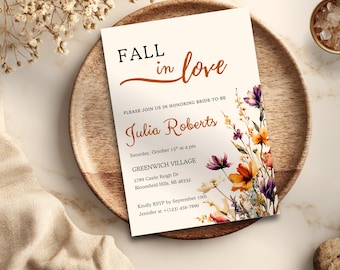 Wildflower Bridal Shower Invitation, Autumn Fall in Love Bridal Shower Invite, Editable Floral Boho Wildflower Bridal Shower Invite template
