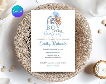 Editable Blue Boy Teddy Bear Baby Shower Invitation Template,  I Can Bearly Wait - Baby Shower Invite, Bear and Balloons Baby Shower Invite