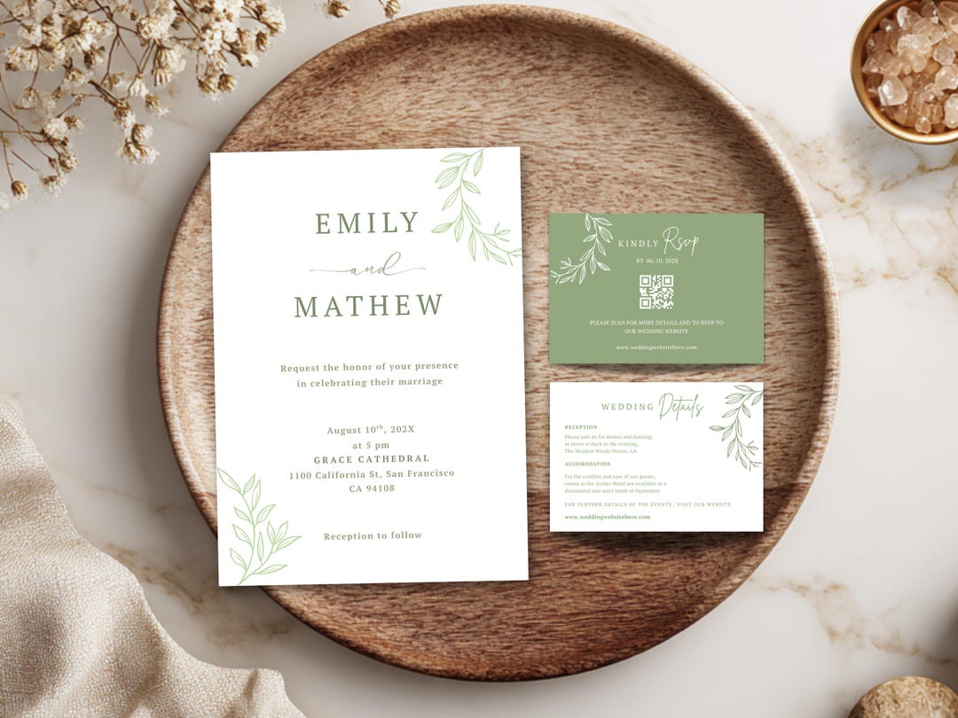 Sage Green Wedding Invitation Set, Minimalist Botanical Invite Bundle ...