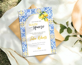 Editable Amalfi Coast Lemon Bridal Shower Invitation, Mediterranean or Italian Blue Tile and Modern Arch She Found Her Main Squeeze Invite