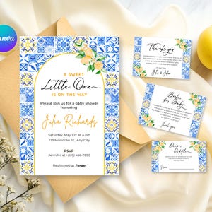 Zitrone Baby Shower Einladung, Mediterran Baby Shower Invite, Italienische Blaue Fliesen, Amalfi Baby Shower Einladung Vorlage