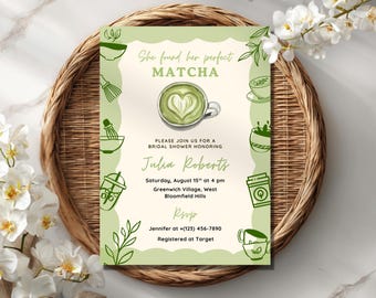 Perfect MATCHA themed Bridal Shower Invitation, Hand Illustrated Green Perfect Matcha Bridal Shower Digital Template Invitation