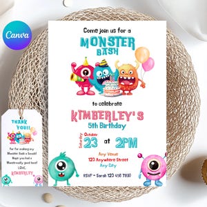 Monster Birthday Invitation, Editable Little Monster Party Invite, Monster Bash Template, Monster thank you tag, Monster Invitation