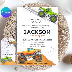 Monster Truck Birthday Invitation, Monster Truck Theme Party, Monster truck invite. Monster Truck Thank you tag