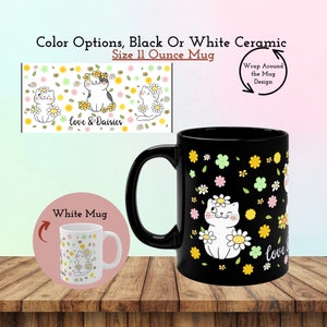 Cat love & Daisies Ceramic Mug 11oz. Daisy flower mug,Cat lover mug.