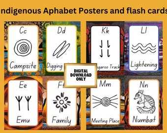 May include: A set of eight printable alphabet posters featuring Aboriginal Australian art. Each poster includes a letter, a symbol, and a word. The letters are C, D, K, L, E, F, M, and N. The words are Campsite, Digging, Kangaroo Track, Lightening, Emu, Family, Meeting Place, and Numbat.