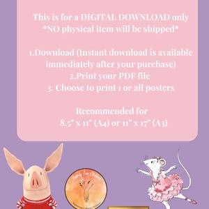 Puede incluir: P&oacute;ster de descarga digital con ilustraciones de un cerdo y un rat&oacute;n. El p&oacute;ster incluye instrucciones para descargar e imprimir. El texto dice "Descarga instant&aacute;nea" y "Solo descarga digital". Los tama&ntilde;os de impresi&oacute;n recomendados son 21,6 cm x 27,9 cm (A4) o 27,9 cm x 43,2 cm (A3).