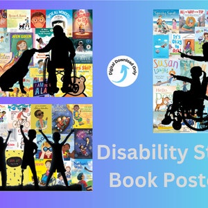 Pode incluir: Uma colagem de capas de livros com crianças com deficiência. As capas são organizadas em uma grade e apresentam uma variedade de ilustrações e texto. O texto nas capas inclui títulos como "Just Because", "I Am Enough" e "Dancing with the Stars". A colagem é cercada por um fundo degradê azul e roxo.