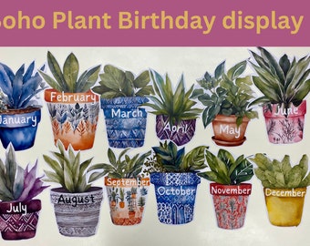 Boho Potplanten verjaardagsdisplay voor in de klas. Afdrukbare klasverjaardagen, studentenverjaardagsgrafiek voor klaslokaal, klaslokaalbronnen