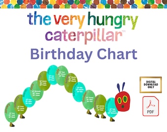 May include: A colorful digital download birthday chart featuring "The Very Hungry Caterpillar." The chart has a caterpillar design with balloon-shaped segments for each month, displaying names and dates. The top has a colorful dotted border.