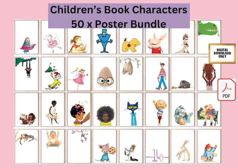 Puede incluir: Un conjunto de 50 carteles de personajes de libros infantiles. Cada cartel presenta una ilustraci&oacute;n diferente de un personaje querido, sobre un fondo blanco. Los carteles est&aacute;n dispuestos en una cuadr&iacute;cula, con un fondo rosa y el texto "Children's Book Characters 50 x Poster Bundle."