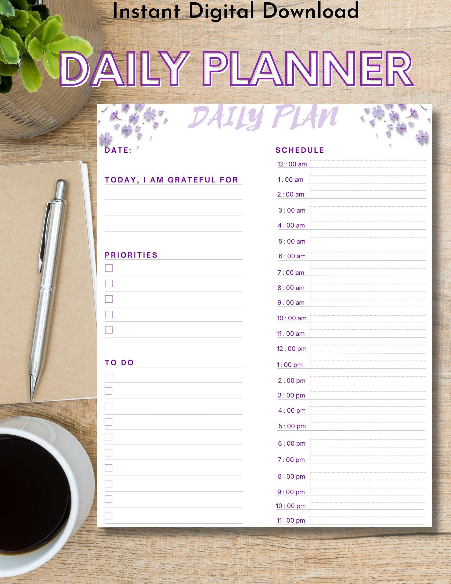 24 Hour Daily Planner - Daily To Do List for Work & Personal Life,  Productivity Planner, Everyday Planner, Daily Schedule, 6.5 x 9.8