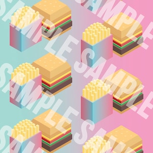 May include: A repeating pattern of blue and pink boxes with yellow french fries and brown and yellow hamburgers. The boxes and hamburgers are in an isometric view.
