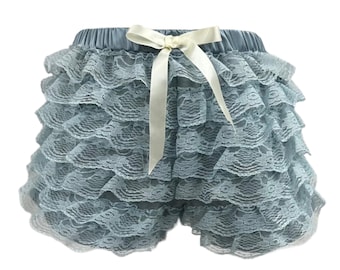 Blue Lace ribbon Coquette Shorts With Ruffles