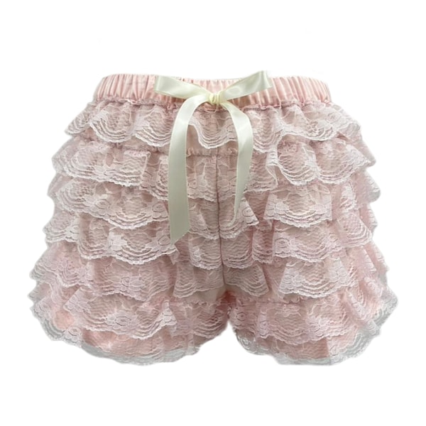 Pink Lace ribbon Coquette Shorts With Ruffles