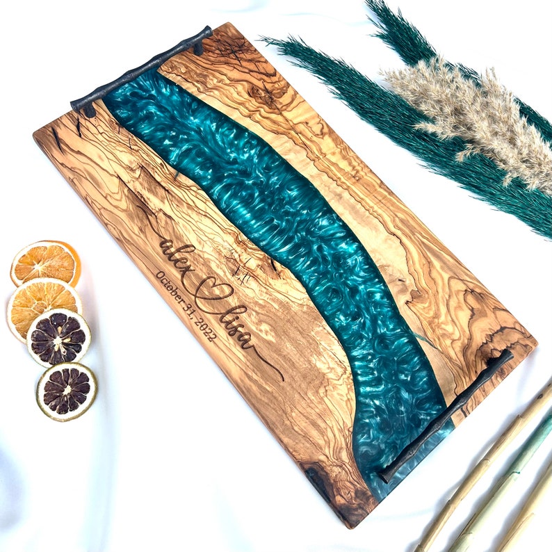 Customized Serving Tray Olive Wood Epoxy Resin Personalized Charcuterie Board With Handle (Black), Housewarming Gift , Christmas Gift Blue