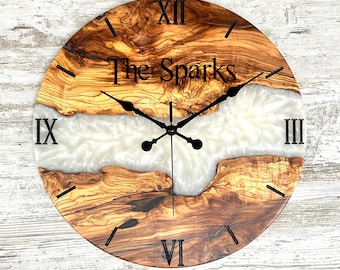 Personalized Unique Wall Clock , Olive Wood Resin Custom Wall Clock , Silent Wall Clock ,Housewarming Gift , Wedding Gift , Retirement Gift