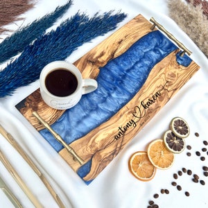 Customized Serving Tray Olive Wood Epoxy Resin Personalized Charcuterie Board With Handle (Yellow) , Housewarming Gift , Christmas Gift