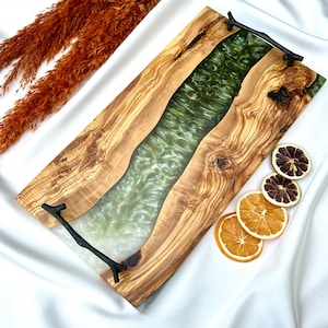 Personalized Olive Wood Green & White  Epoxy Resin Serving Tray, Custom Charcuterie Board With Handle Black