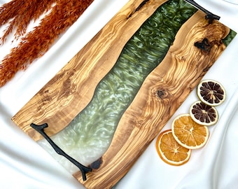 Personalized Olive Wood Green & White  Epoxy Resin Serving Tray, Custom Charcuterie Board With Handle Black