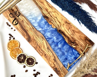 Personalized Serving Tray Olive Wood Epoxy Resin Mix Customized Charcuterie Board With Handle Yellow Housewarming , Wedding , Gift For Mom