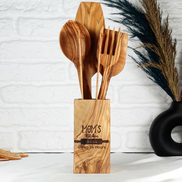 Personalized Olive Wood Utensil Set Cooking Set Spoon Spatula Tongs Set Mom Gift Grandma Gift , Housewarming Gift , Mother's Day Gift
