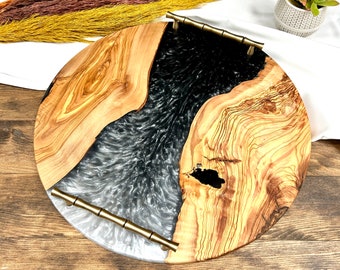 Customized Serving Tray Olive Wood Mix Resin Personalized Round Charcuterie Board With Handle Yellow , Housewarming Gift , Mother's Day Gift