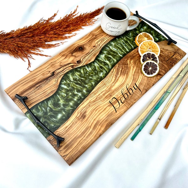 Personalized Serving Tray Olive Wood Epoxy Resin Customized Charcuterie Board With Handle (Black) , Housewarming Gift , Mother's Day Gift