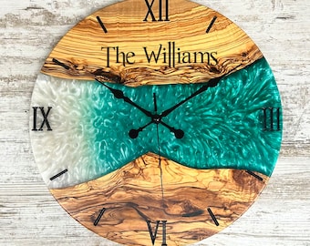 Personalized Unique Wall Clock , Olive Wood Mix Resin Custom Wall Clock , Silent Wall Clock Housewarming Gift Wedding Gift Retirement Gift