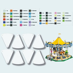 May include: Eight white triangular pieces with rounded edges and small holes. A yellow, blue, and white carousel with a white swan, a tiger, and a horse. The carousel is on a base with green and brown flowers.