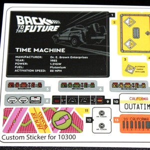 May include: A set of 15 stickers for a Back to the Future time machine LEGO set. The stickers feature the DeLorean time machine, the time machine's dashboard, and the iconic "Outatime" license plate. The stickers are printed on clear, high-quality vinyl and are easy to apply.