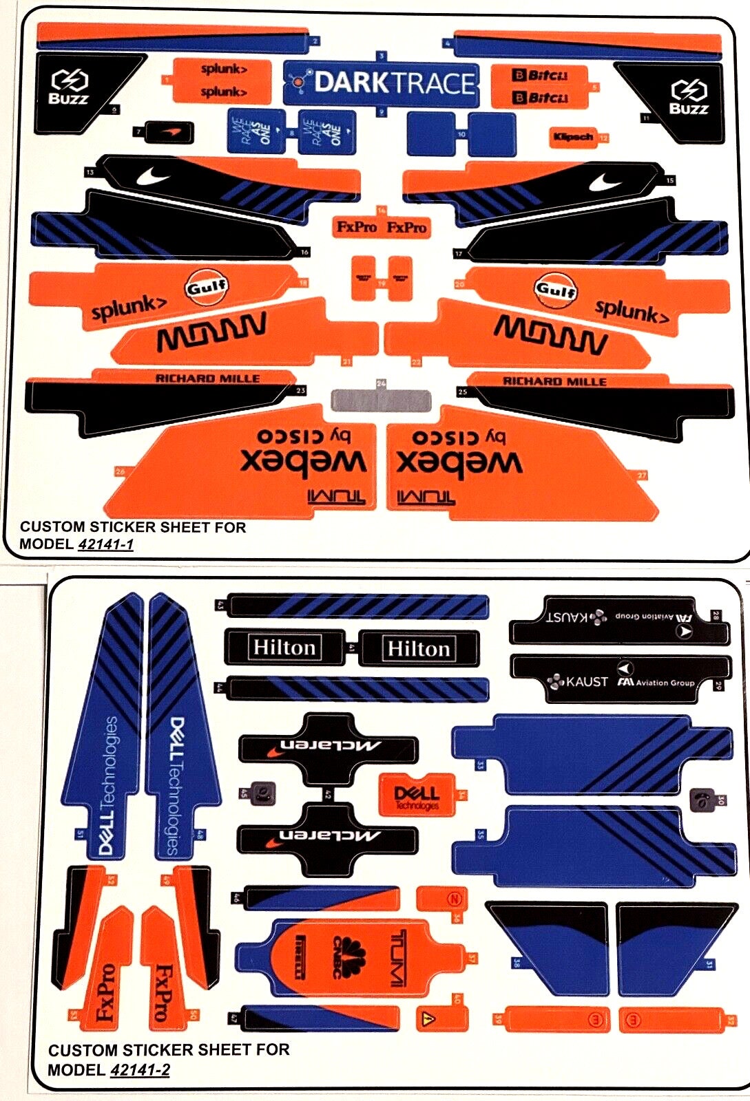 Custom Stickers for Racing Cars 42141 Sheet 1 + 2, Replacement Sticker Sheet 1 and 2