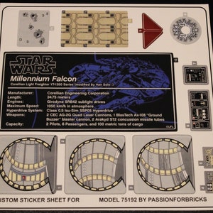 May include: A sticker sheet for the Millennium Falcon LEGO set, model 75192 by Passionforbricks. The sheet includes various stickers for the ship's exterior, interior, and cockpit. The sheet also includes a detailed description of the Millennium Falcon, including its manufacturer, length, engines, maximum speed, hyperdrive system, weapons, and capacity.