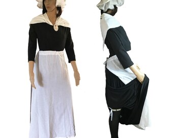 Colonial Costume America250 6-Item Accessory Kit. Mob Cap, Mop Cap, Neckerchief, Abigail Adams Button, Adjustable Apron, Stockings, Garter