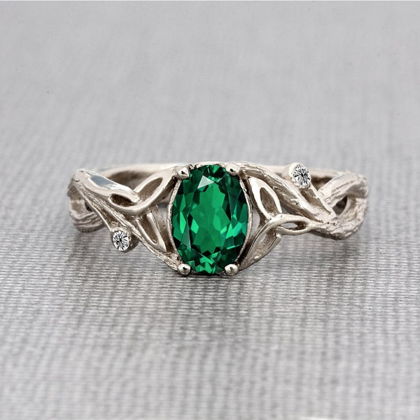 Silver Celtic natural emerald twig branch ring, Celtic knot silver genuine emerald and white sapphires engagement ring