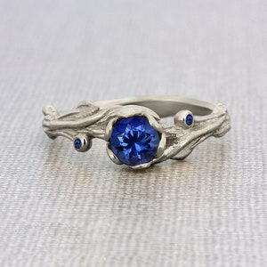 Silver blue sapphire twig leaves ring , blue sapphire twig silver engagement ring , sapphire leaves silver promise ring