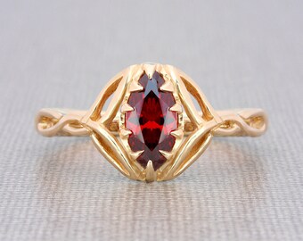 9k Celtic knot marquise red garnet engagement ring 9k solid real yellow gold