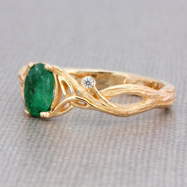 9k Gold Celtic emerald twig branch engagement ring, nature inspired Celtic knot engagement ring 9k solid yellow gold