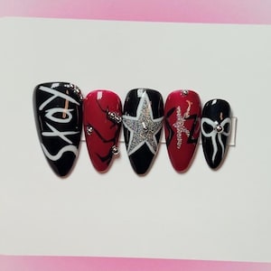 STRAY KIDS press on nails handmade fake nails kpop press ons STAY press ons concert false nails red and black charm nails chrome